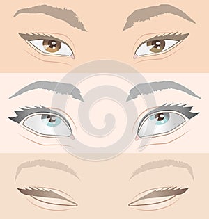 Set of three pairs of Asian women`s eyes. Variations of shapes and colours