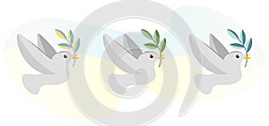 Set of three peace doves with decorative branches. A flying dove, a proud bird with an olive branch. The symbol of peace