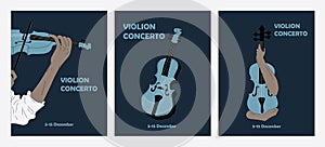 Set of three Poster idea for music event, with symbols of the violin instrument.