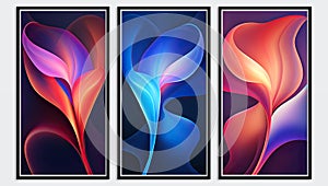 A set of three posters of colorful flowers, simple flowing elegant design
