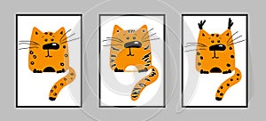A set of three posters with wild animals a tiger, a leopard, a trot. Ginger cats are drawn in cartoon style with different stripes