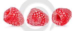 Set of three raspberry fruits on white background