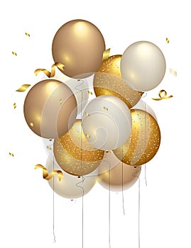 Set of three realistic ballons, gold, transparent with golden confetti, paper circles and ribbons. Vector illustration for card, p