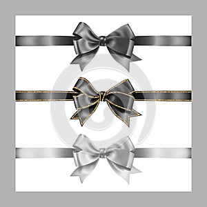 Set of three realistic gray black and white silk ribbon bow with gold glitter shiny stripes, vector illustration elements isolated