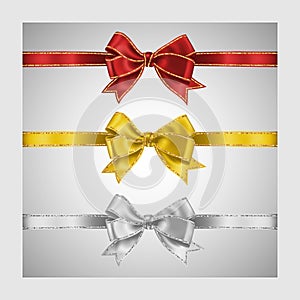 Set of three realistic white, yellow and red silk ribbon bow with gold and silver glitter shiny stripes, vector illustration for