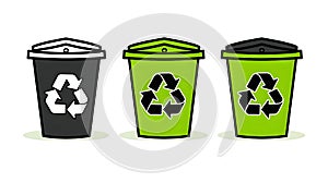 Set of Three Recycling Bins in a Row, Simple Design Illustrating Eco-Friendly Waste Sorting. Illustration for