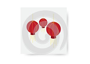 Set of three red Chinese lanterns on a white background.