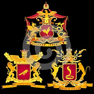 A set of three royal or chivalrous arms on a black background