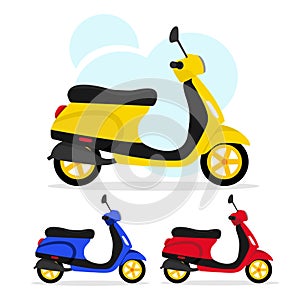Set of three scooters in different colors on a white background, vector illustration. The concept of online order delivery. You