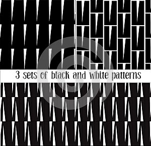 Set of three seamless black and white patterns.