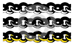 Set of three seamless brushes of metallic chains as design elements. Vector color illustration
