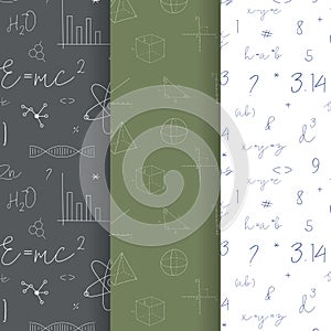 Set of three seamless mathematical school patterns. Vector