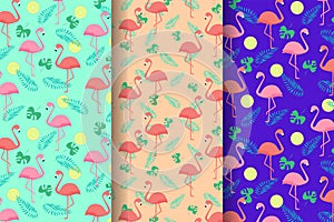 Set of three Seamless pattern of coral flamingos and palm leaves. Pastel background Wallpaper. Vector