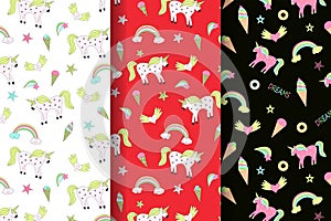 Set of three Seamless pattern of fairytale drawings and characters unicorn rainbow, clouds and heart, ice cream on a black, white