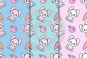 Set of three seamless patterns with with cartoon cute rabbits. Childish background. Vector kawaii illustration. EPS10.