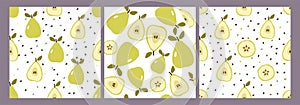 Set of three seamless patterns with pears in a flat design. Cute modern patterns with pear for wrapping paper, price tags, healthy