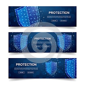 Set of three Shield horizontal banners. Horizontal illustration for homepage design, promo banner. Antivirus low poly