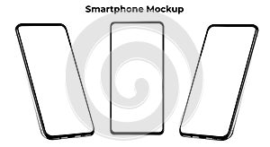 Set of three silver modern editable frameless smartphones isolated on white background. Cellphones with front and side views.