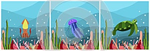 Set of three square composition with underwater landscape with squid, jellyfish and turtle. Undersea world habitants