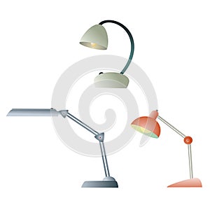 Set of three table lamps. Office and home table lamps icons, interior elements in flat vector style isolated on white background.