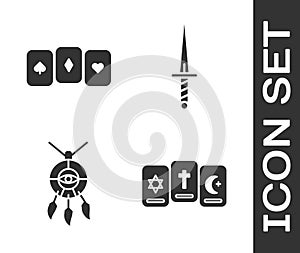 Set Three tarot cards, Playing cards, Dream catcher with feathers and Dagger icon. Vector