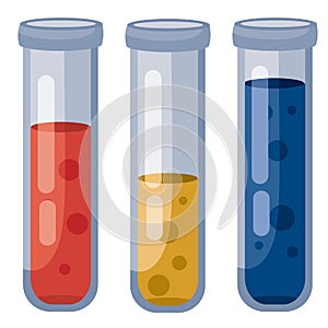 Set of three test tubes with liquids of red, yellow and blue and different levels of liquid inside, isolated object on a