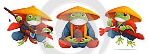 A set of three toads in the form of kung fu masters in a red and blue kimono and a yellow straw hat. A frog monk in a