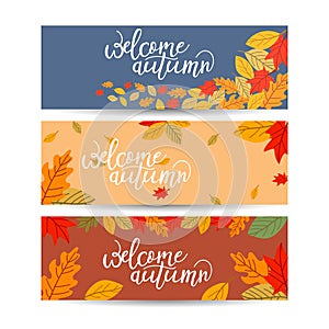 Set of three vector banners with colorful autumn leaves