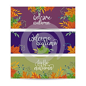 Set of three vector banners with colorful autumn leaves