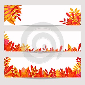 Set of three vector banners with colorful autumn leaves