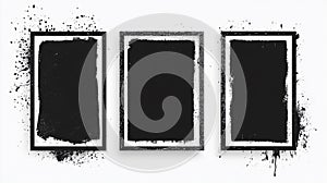 Set of three vector black frames with grunge ink splashes on a white background. - Generative ai.