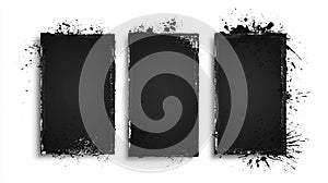 Set of three vector black frames with grunge ink splashes on a white background. - Generative ai.
