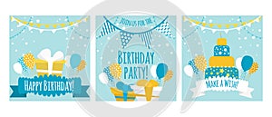 Set of three vector cards for children\'s birthday.Boy birthday card with gift, cake and baloons. Happy birthday card in light blu