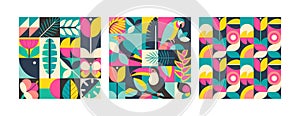 Set of three vector summer seamless patterns assembled from squares with natural elements, birds, flowers and geometric