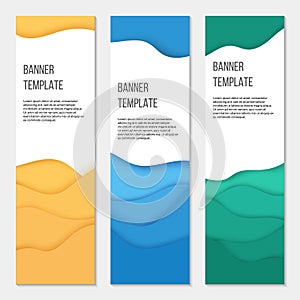 Set of three vertical banner templates. Paper cut style. Colorful backgrounds