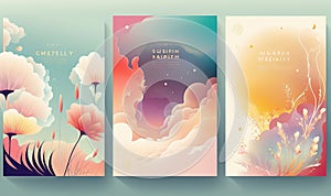 a set of three vertical banners with flowers and clouds in the sky