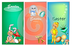 Set of three vertical Easter banners with cute kids in costume