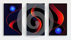 A set of three vertical posters with abstract shapes on black background