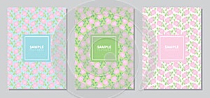 Set of three vintage book cover template with pastel rose flower seamless pattern.