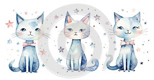 Set of three watercolor cute cats in scandinavian style and stars