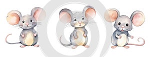 Set of three watercolor cute childish mice isolated on white background