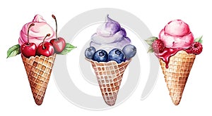 Set of three watercolor ice cream with berries isolated on white background