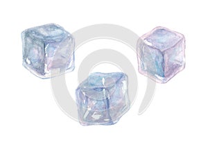 Set of three watercolor ice cubes isolated on white background