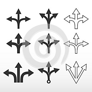 Set three-way, direction arrow. Direction arrow sign. Vector icon.