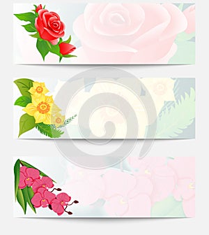 Set of three web banners with bouquets of flowers. Red roses bud, yellow daffodils and pink orchid.