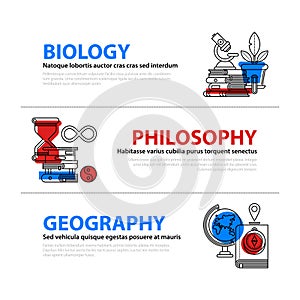 Set of three web banners about education and college subjects in flat illustration style. Biology, philosophy and geography.