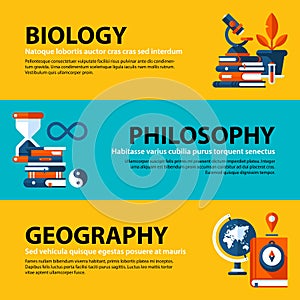 Set of three web banners about education and college subjects in flat illustration style. Biology, philosophy and geography.