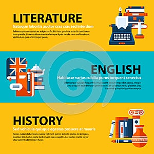 Set of three web banners about education and college subjects in flat illustration style. Literature, English and history.