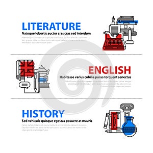 Set of three web banners about education and college subjects in flat illustration style. Literature, English and history.