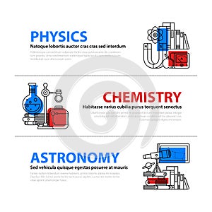 Set of three web banners about education and college subjects in flat illustration style. Physics, chemistry and astronomy.